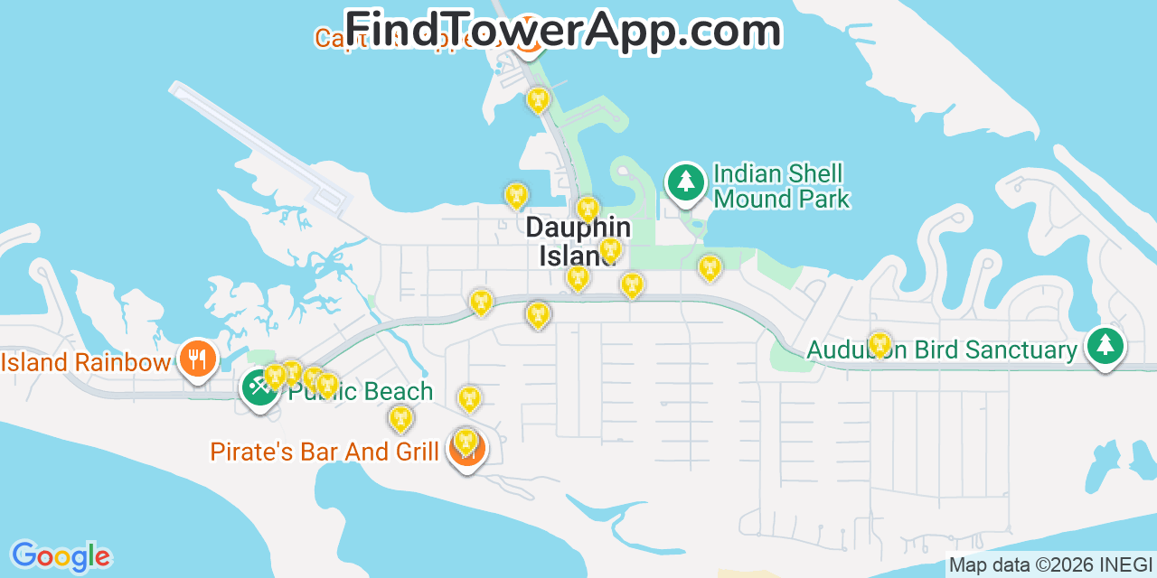 Map showing the 20 primary cell tower locations detected in Dauphin Island, Alabama from AT&T, Verizon, and T-Mobile networks