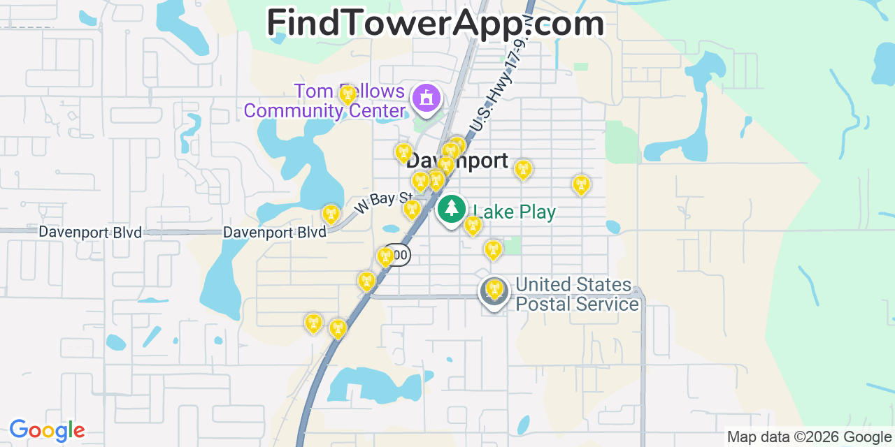Map showing the 20 primary cell tower locations detected in Davenport, Florida from AT&T, Verizon, and T-Mobile networks