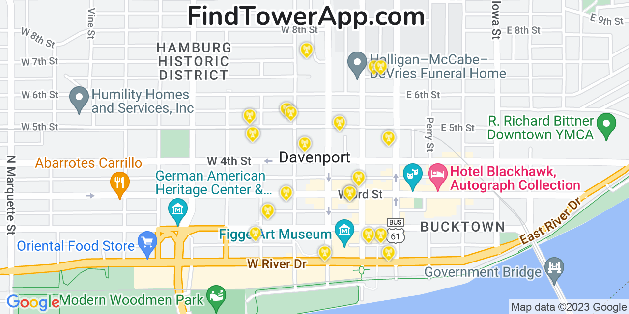 AT&T 4G/5G cell tower coverage map Davenport, Iowa