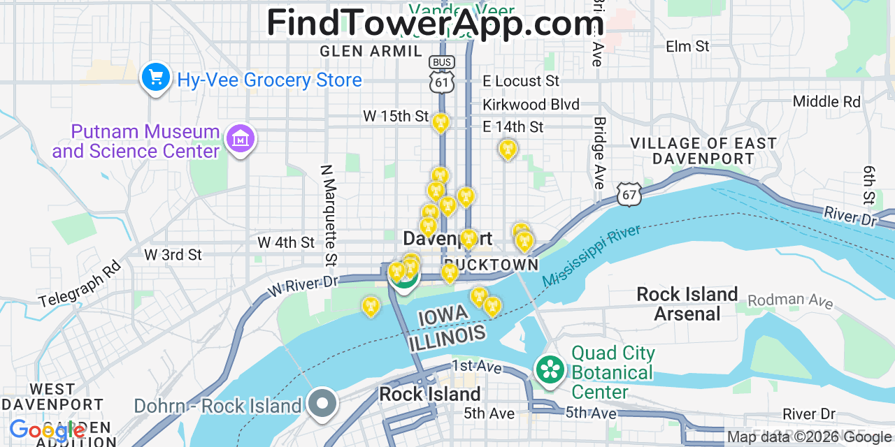 Map showing the 20 primary cell tower locations detected in Davenport, Iowa from AT&T, Verizon, and T-Mobile networks