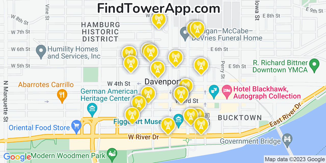 Verizon 4G/5G cell tower coverage map Davenport, Iowa