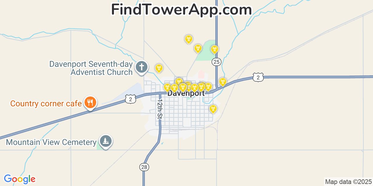 Map showing the 20 primary cell tower locations detected in Davenport, Washington from AT&T, Verizon, and T-Mobile networks