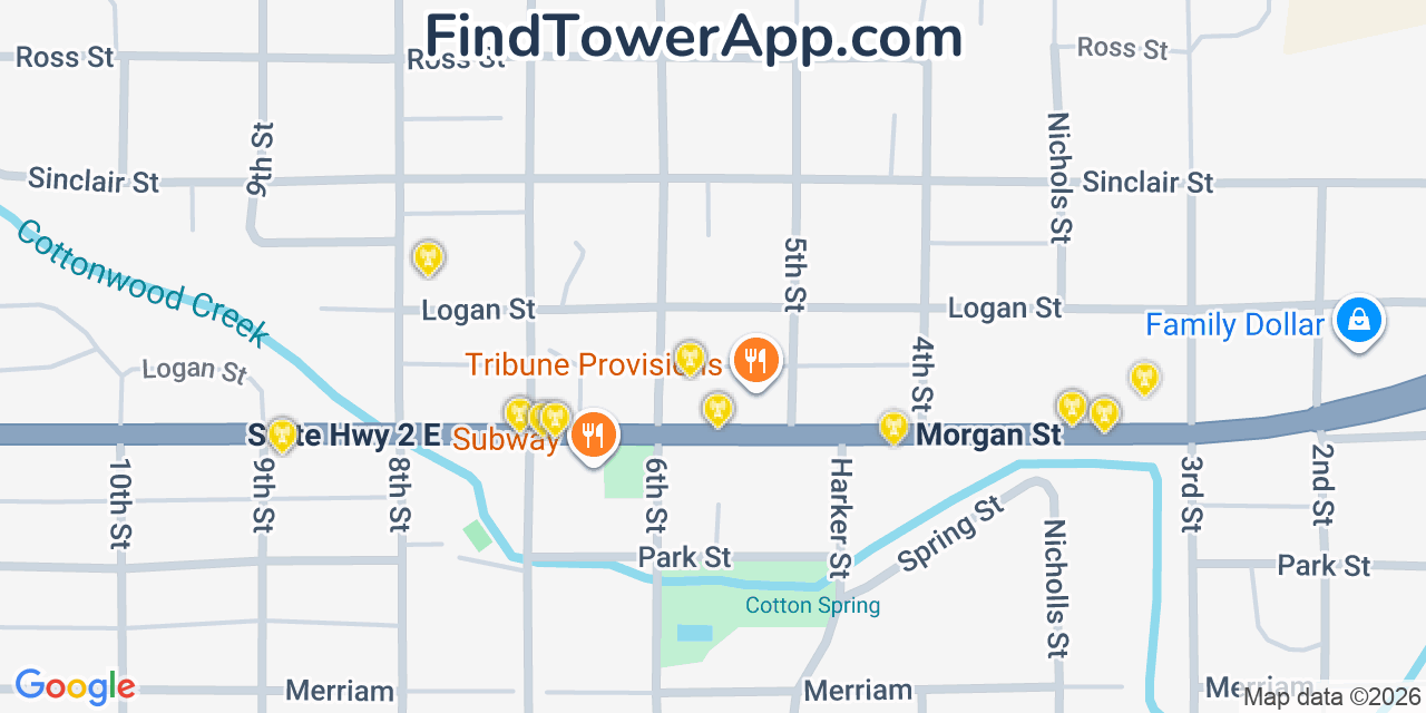 Map showing the 20 primary cell tower locations detected in Davenport, Washington from AT&T, Verizon, and T-Mobile networks