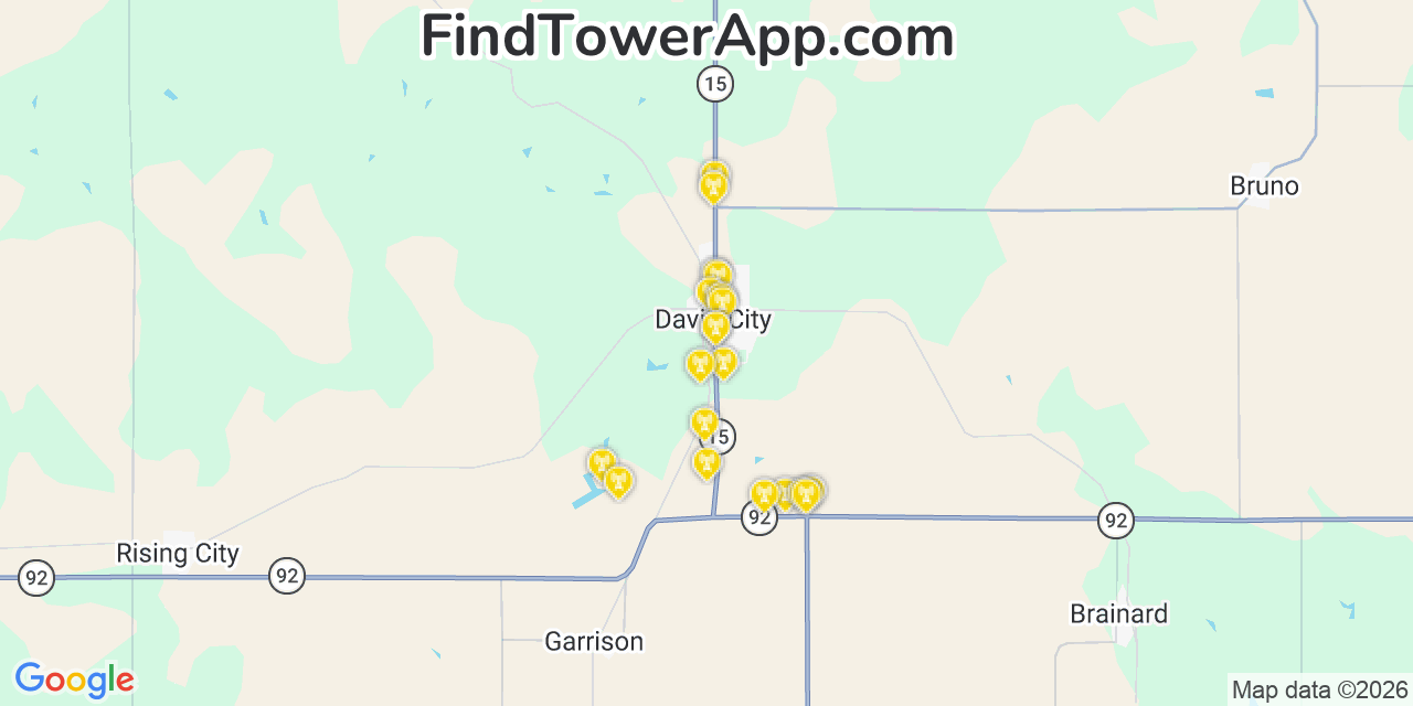 Map showing the 20 primary cell tower locations detected in David City, Nebraska from AT&T, Verizon, and T-Mobile networks