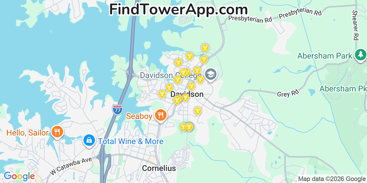 Map showing the 20 primary cell tower locations detected in Davidson, North Carolina from AT&T, Verizon, and T-Mobile networks