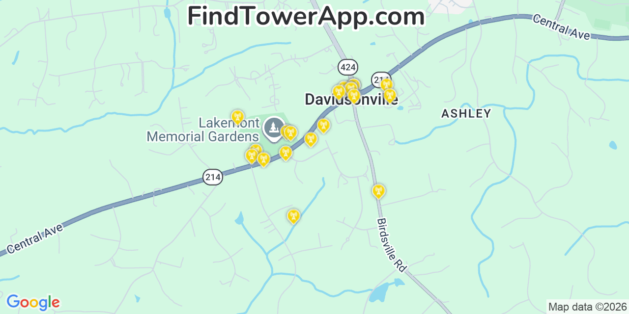 Map showing the 20 primary cell tower locations detected in Davidsonville, Maryland from AT&T, Verizon, and T-Mobile networks
