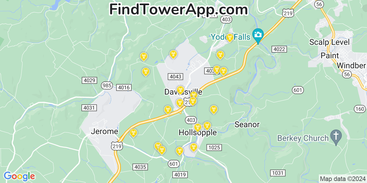 AT&T 4G/5G cell tower coverage map Davidsville, Pennsylvania