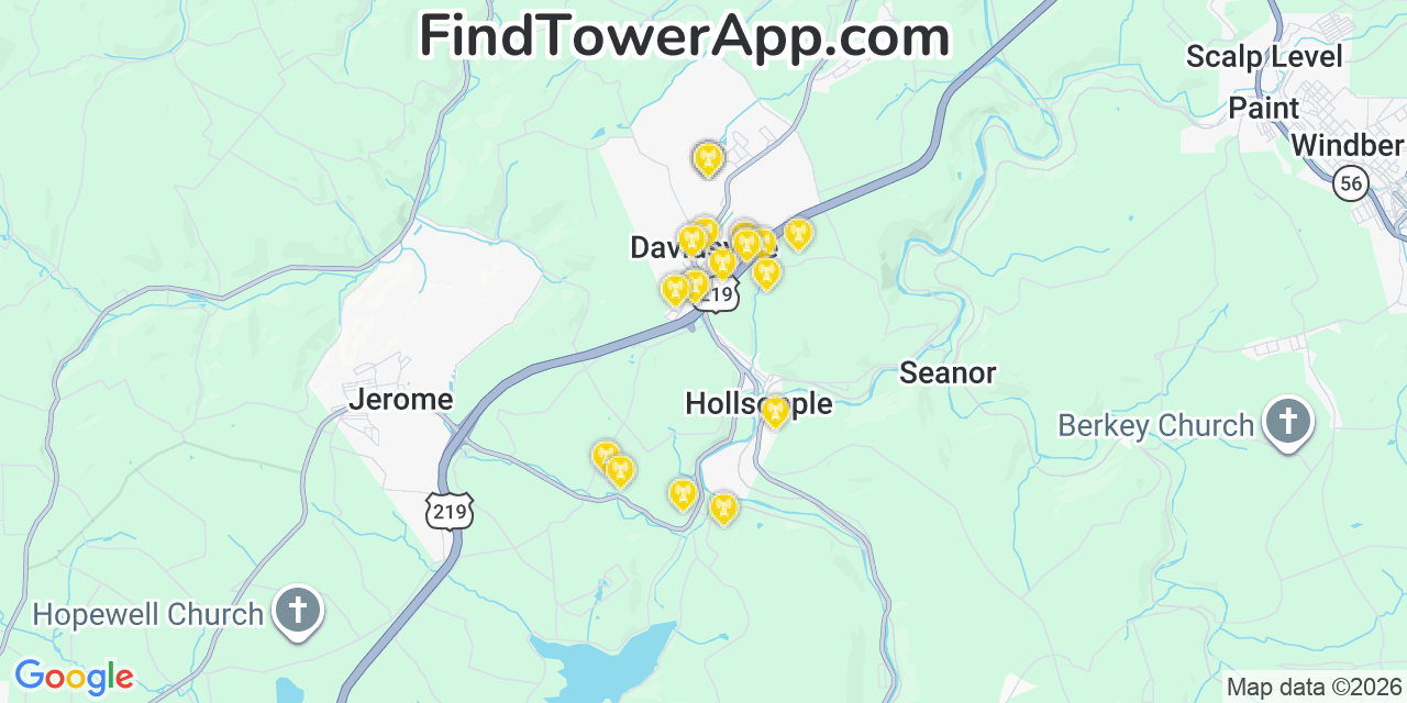 Map showing the 20 primary cell tower locations detected in Davidsville, Pennsylvania from AT&T, Verizon, and T-Mobile networks