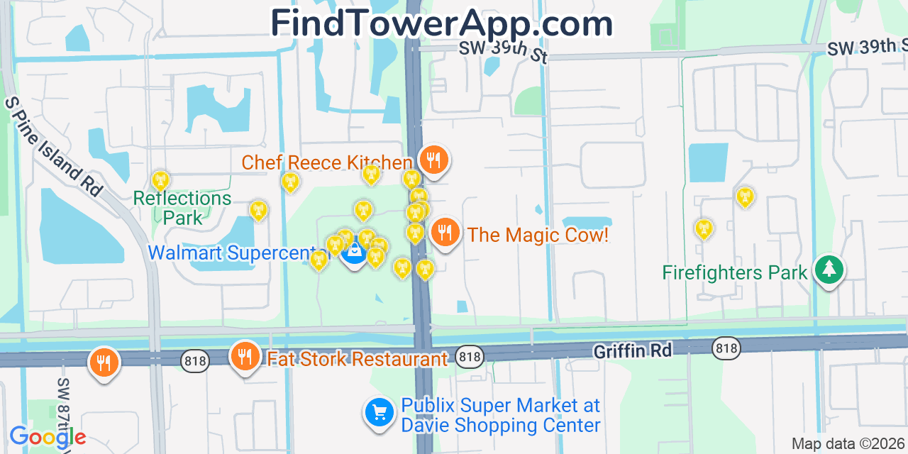 Map showing the 20 primary cell tower locations detected in Davie, Florida from AT&T, Verizon, and T-Mobile networks
