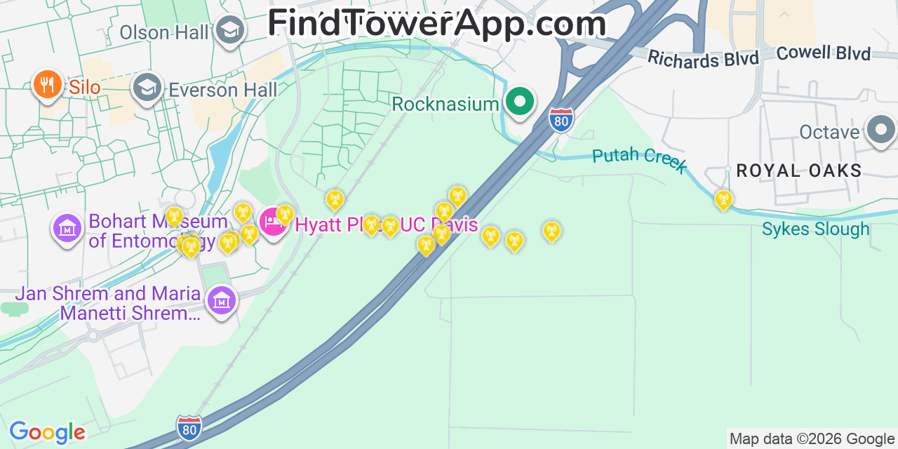 Map showing the 20 primary cell tower locations detected in Davis, California from AT&T, Verizon, and T-Mobile networks