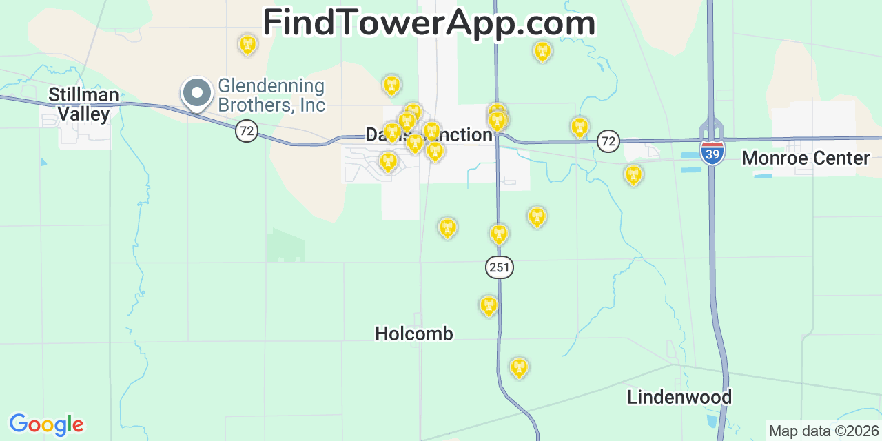 Map showing the 20 primary cell tower locations detected in Davis Junction, Illinois from AT&T, Verizon, and T-Mobile networks
