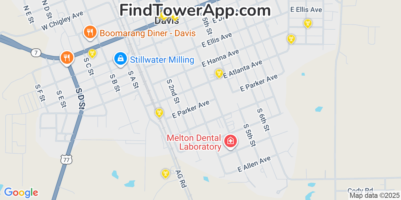Map showing the 20 primary cell tower locations detected in Davis, Oklahoma from AT&T, Verizon, and T-Mobile networks
