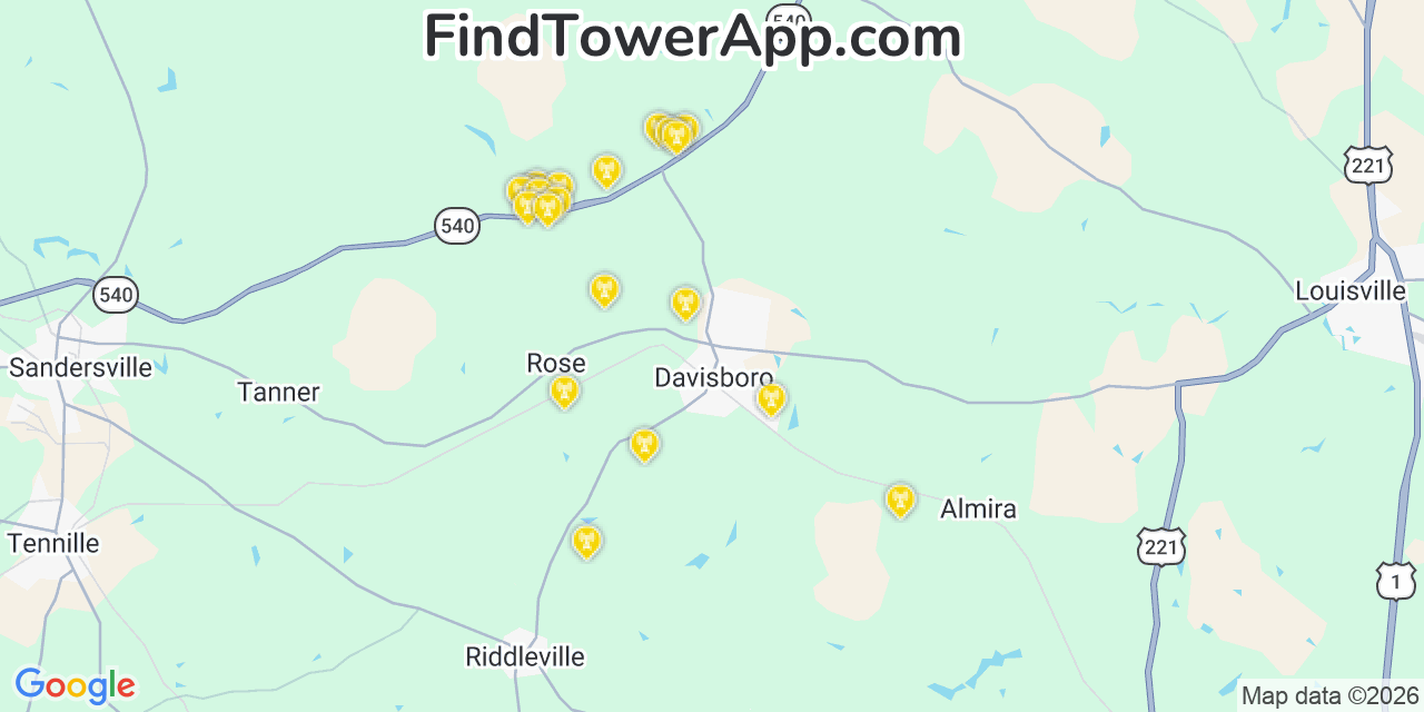 Map showing the 20 primary cell tower locations detected in Davisboro, Georgia from AT&T, Verizon, and T-Mobile networks