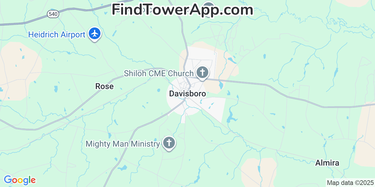 Map showing the 20 primary Mobitel cell tower locations detected in Davisboro, Georgia with coverage radius and signal strength indicators