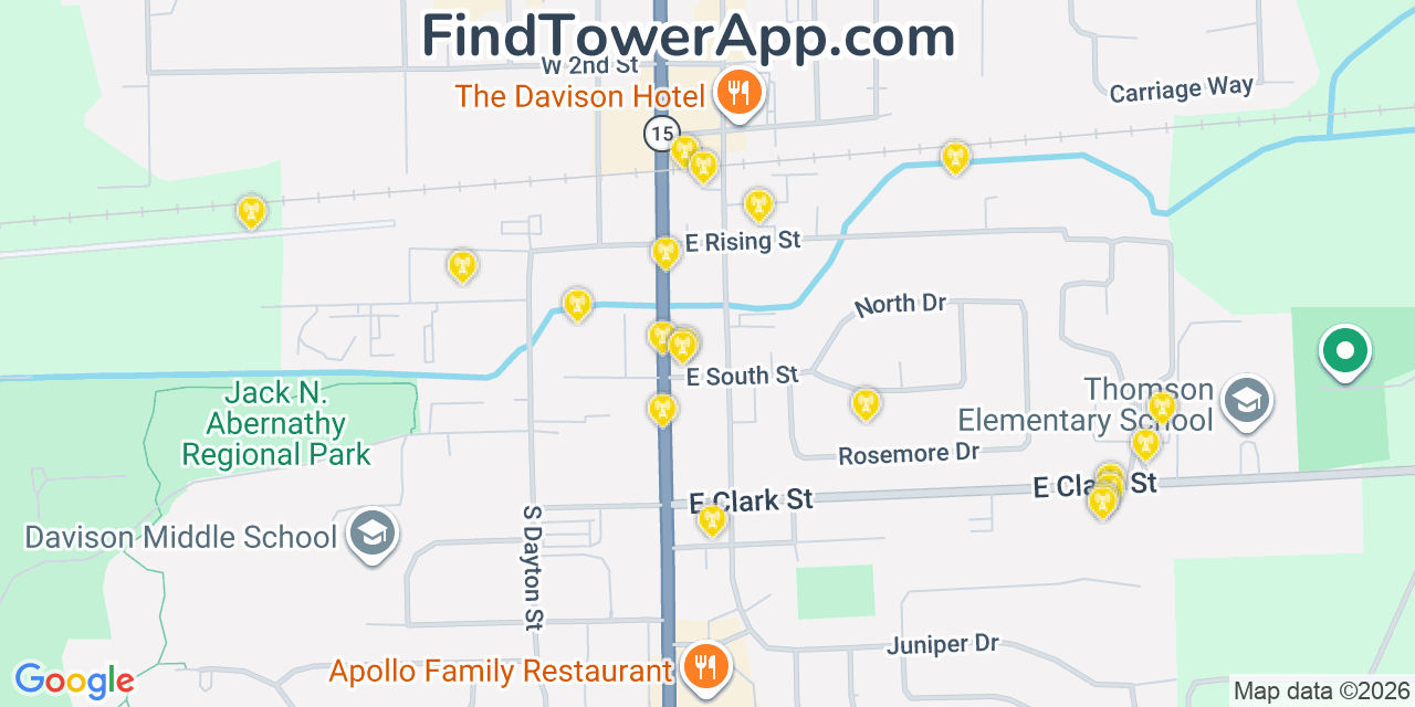 Map showing the 20 primary cell tower locations detected in Davison, Michigan from AT&T, Verizon, and T-Mobile networks