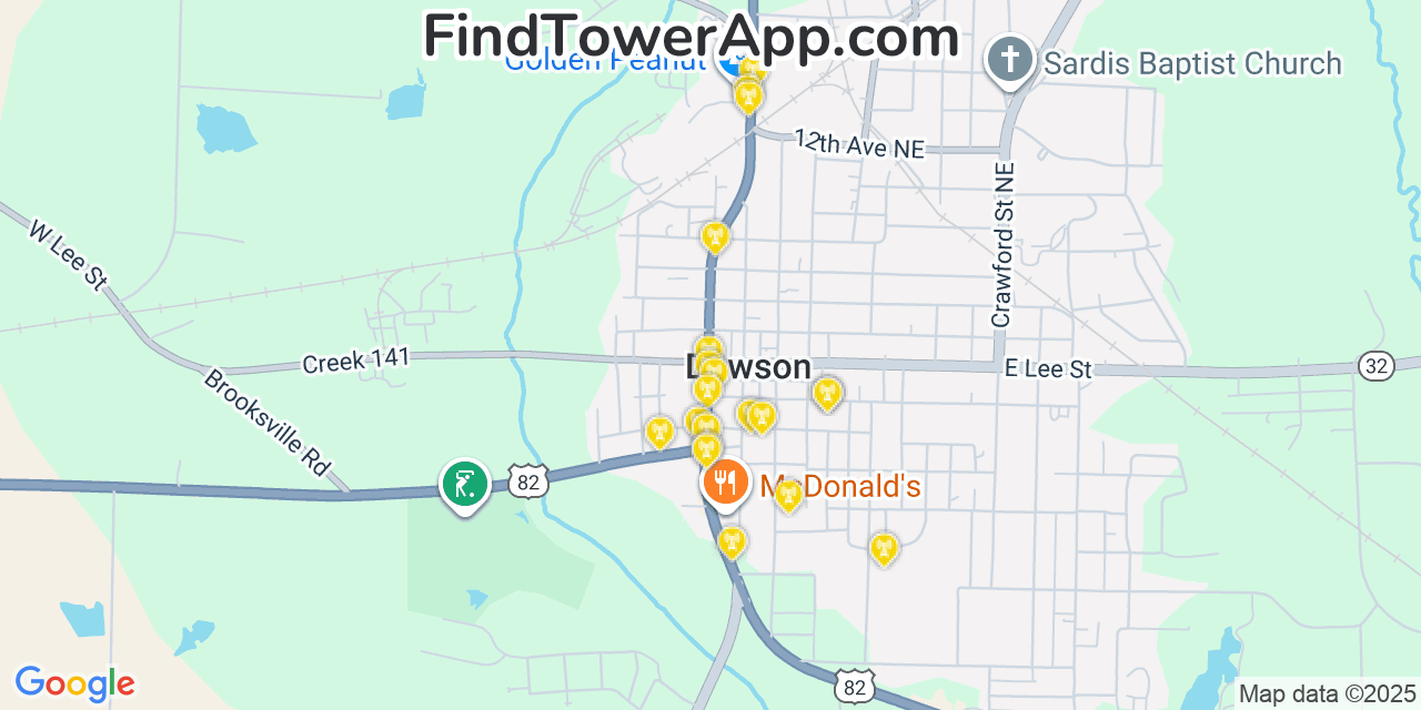 Map showing the 20 primary cell tower locations detected in Dawson, Georgia from AT&T, Verizon, and T-Mobile networks