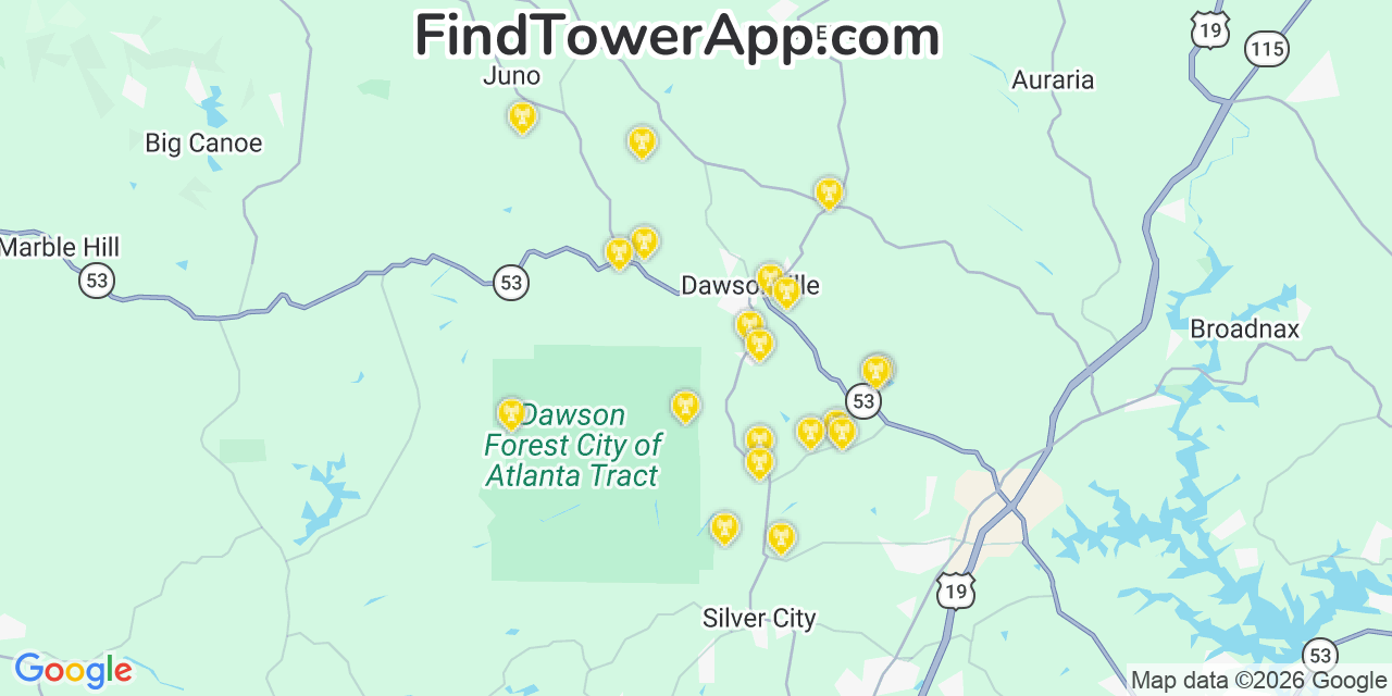 Map showing the 20 primary cell tower locations detected in Dawson, Georgia from AT&T, Verizon, and T-Mobile networks