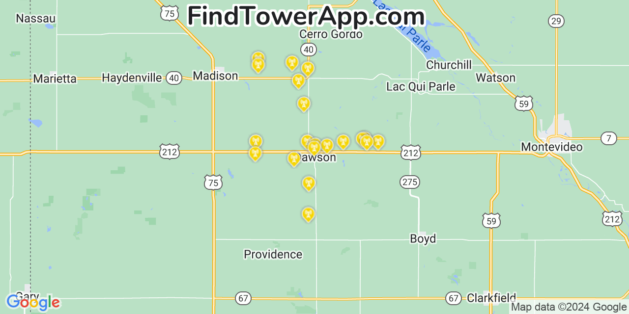 AT&T 4G/5G cell tower coverage map Dawson, Minnesota