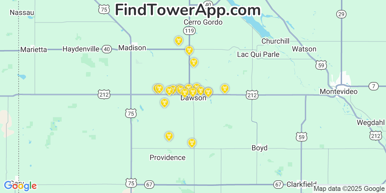 Map showing the 20 primary cell tower locations detected in Dawson, Minnesota from AT&T, Verizon, and T-Mobile networks