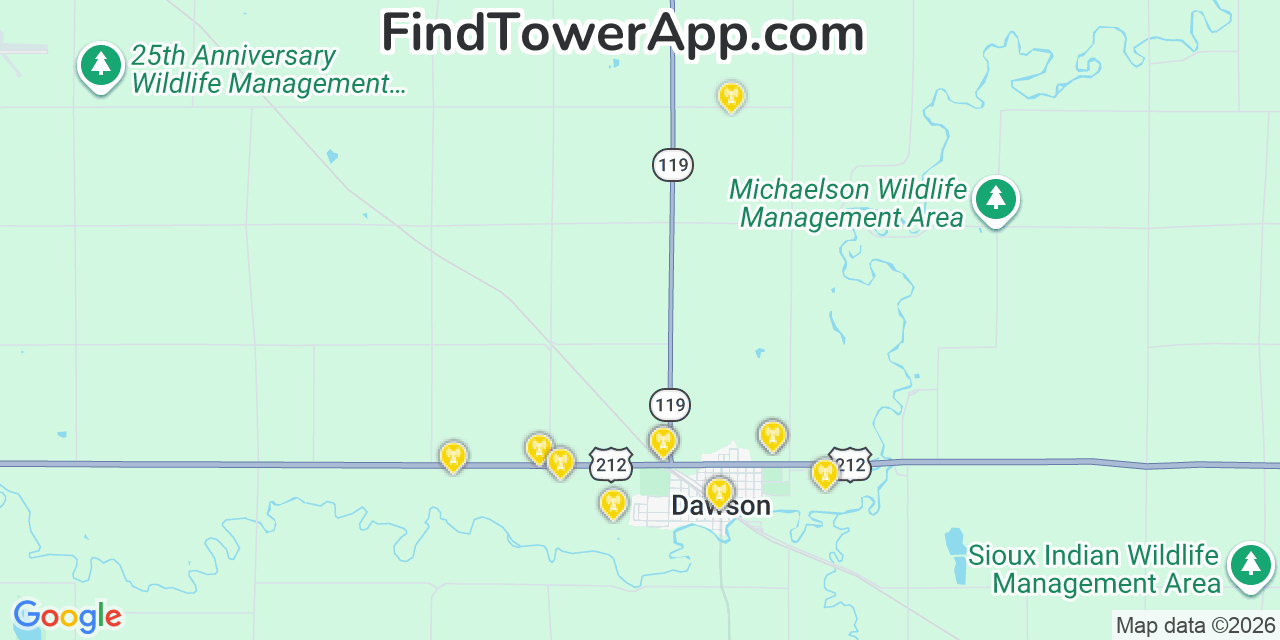 Map showing the 20 primary cell tower locations detected in Dawson, Minnesota from AT&T, Verizon, and T-Mobile networks