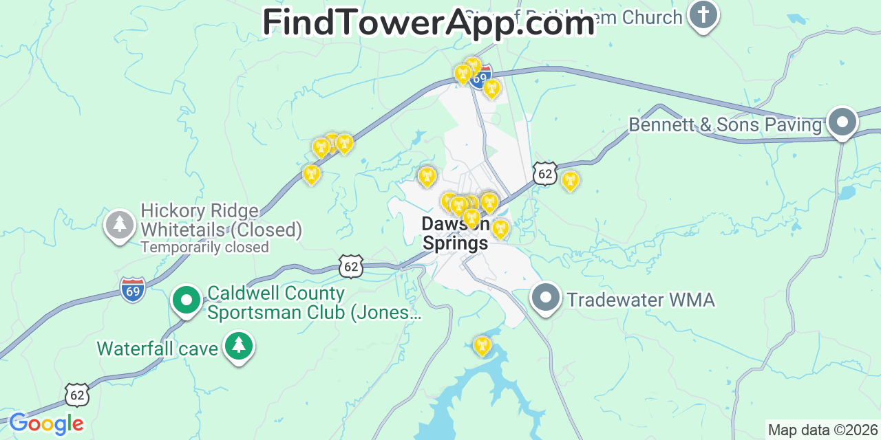Map showing the 20 primary cell tower locations detected in Dawson Springs, Kentucky from AT&T, Verizon, and T-Mobile networks