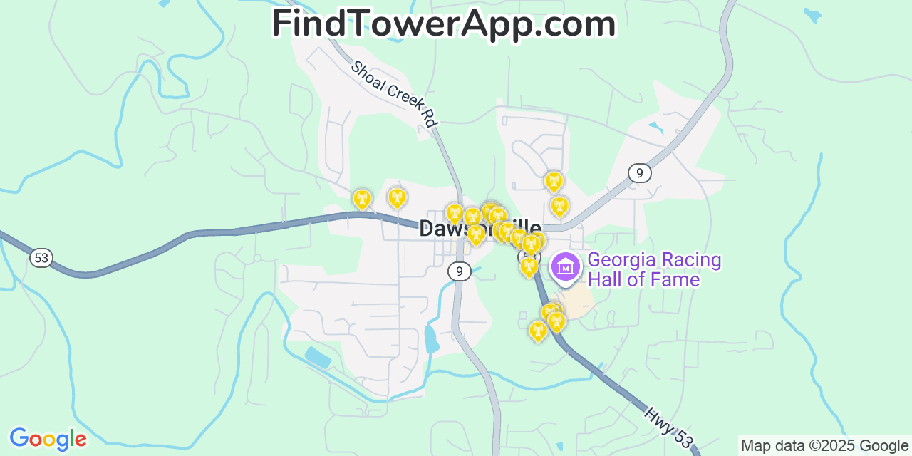 Map showing the 20 primary cell tower locations detected in Dawsonville, Georgia from AT&T, Verizon, and T-Mobile networks