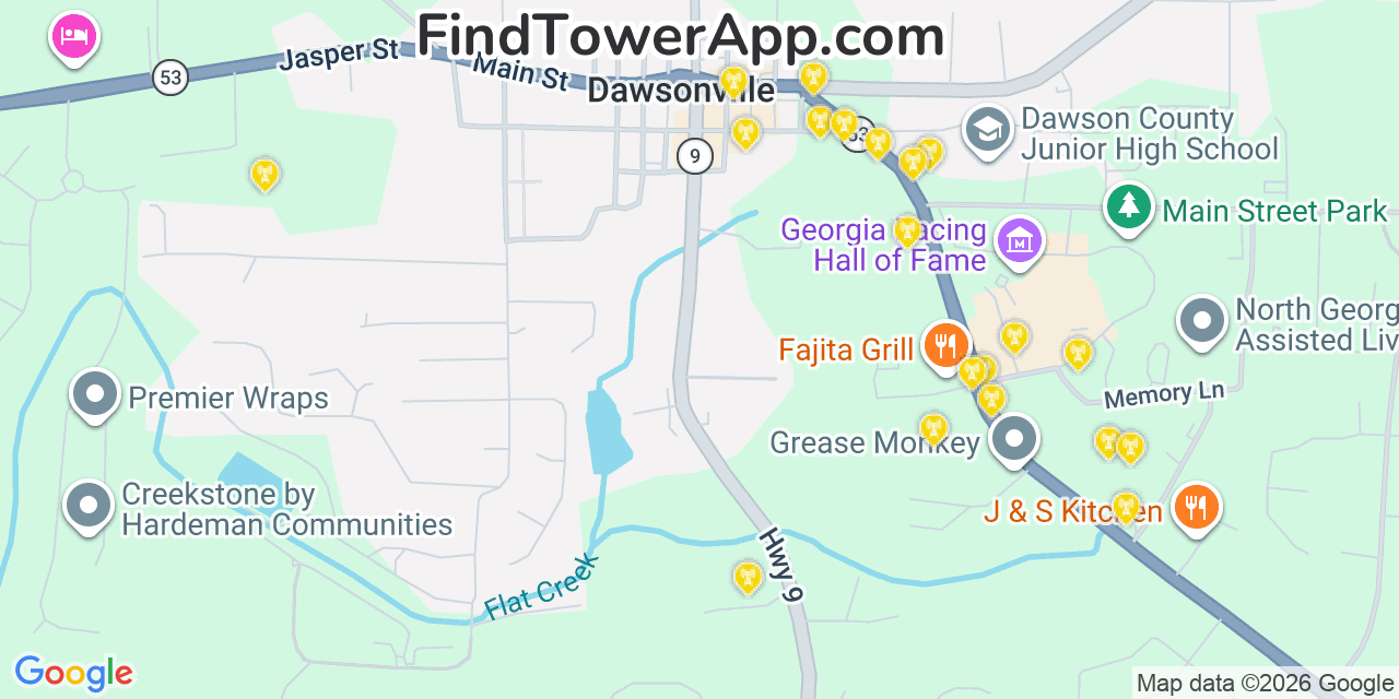 Map showing the 20 primary cell tower locations detected in Dawsonville, Georgia from AT&T, Verizon, and T-Mobile networks