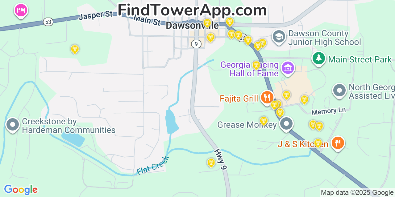 Map showing the 20 primary Mobitel cell tower locations detected in Dawsonville, Georgia with coverage radius and signal strength indicators