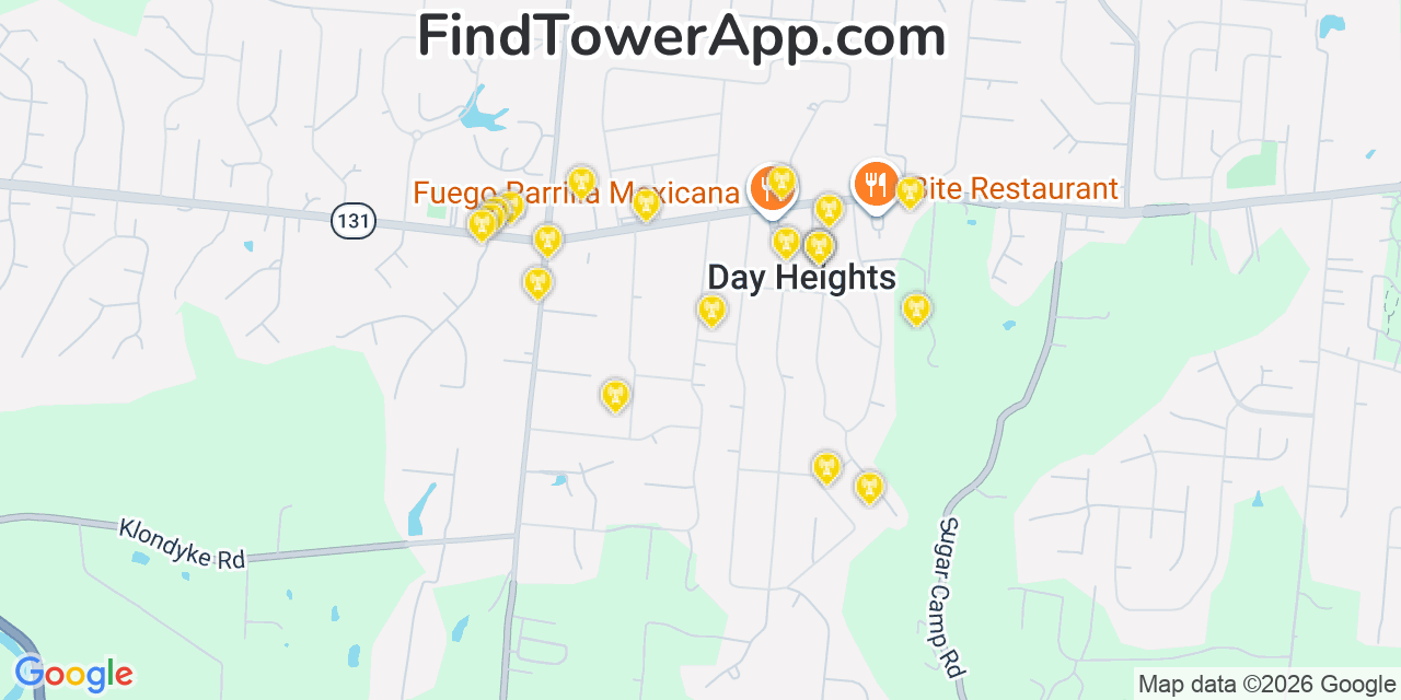 Map showing the 20 primary cell tower locations detected in Day Heights, Ohio from AT&T, Verizon, and T-Mobile networks