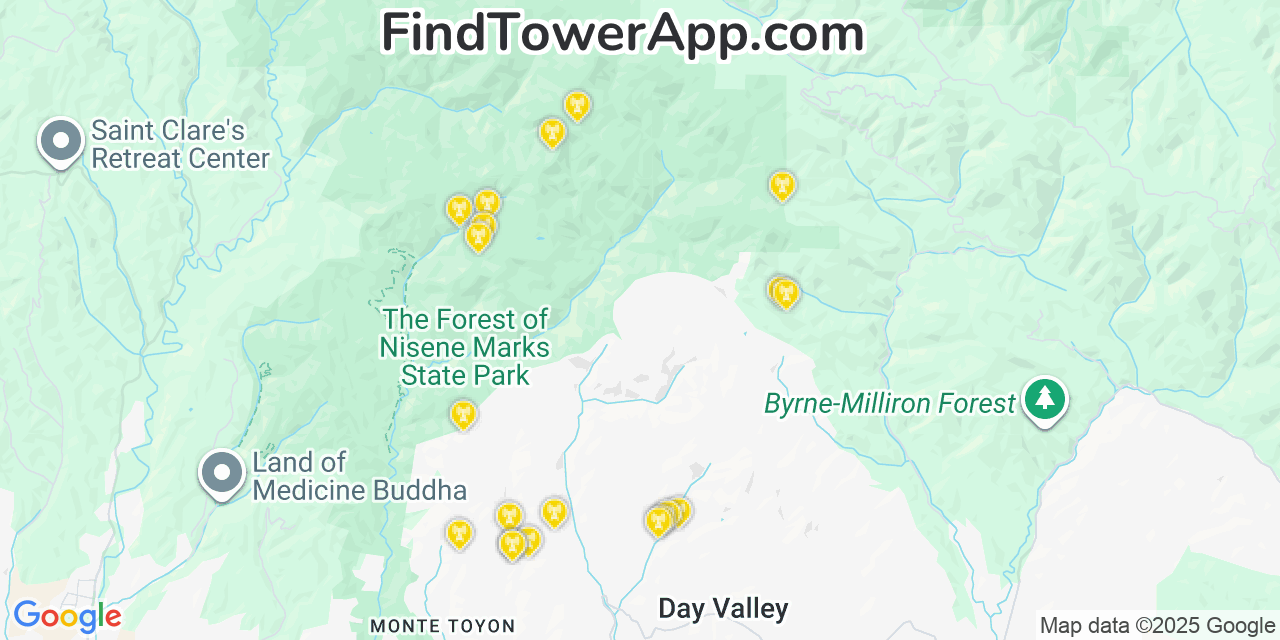 Map showing the 20 primary cell tower locations detected in Day Valley, California from AT&T, Verizon, and T-Mobile networks