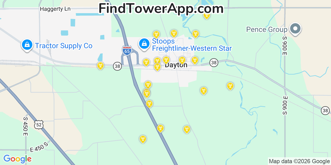 Map showing the 20 primary cell tower locations detected in Dayton, Indiana from AT&T, Verizon, and T-Mobile networks