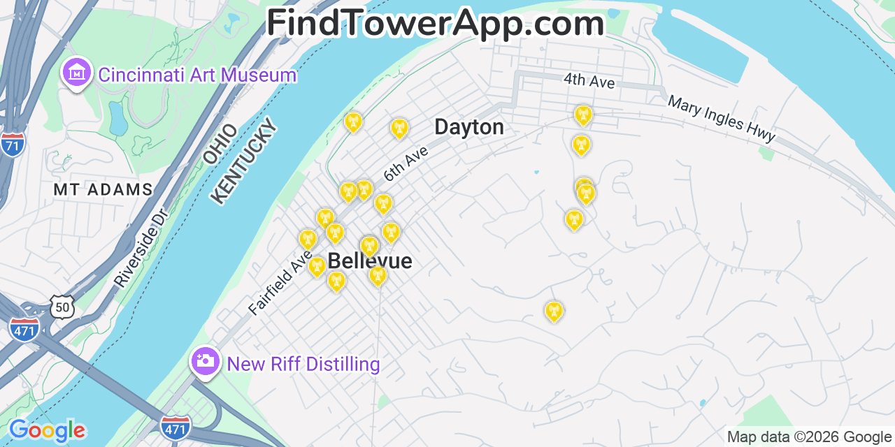 Map showing the 20 primary cell tower locations detected in Dayton, Kentucky from AT&T, Verizon, and T-Mobile networks