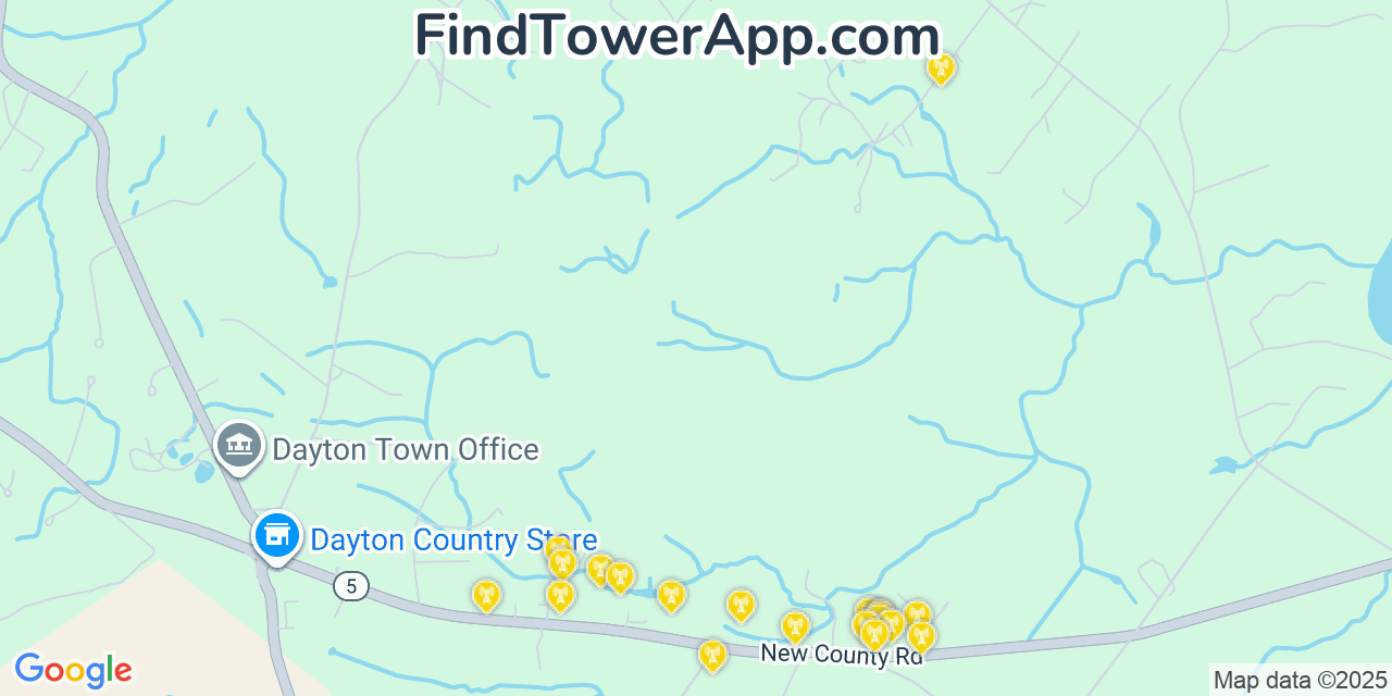 Map showing the 20 primary cell tower locations detected in Dayton, Maine from AT&T, Verizon, and T-Mobile networks