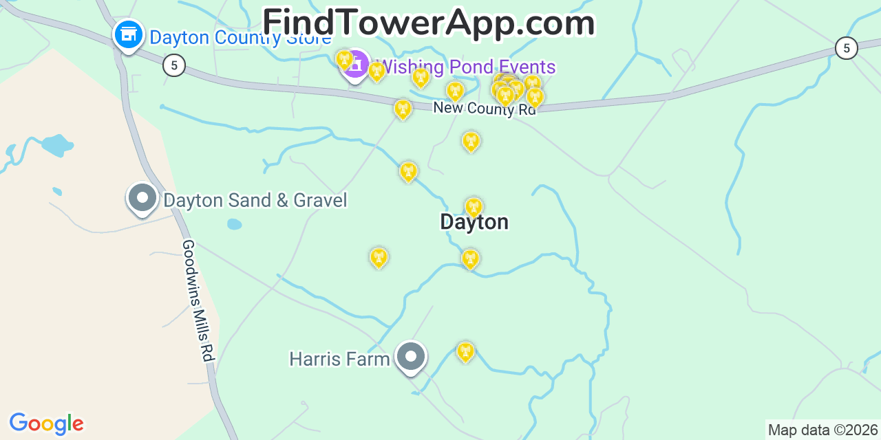Map showing the 20 primary cell tower locations detected in Dayton, Maine from AT&T, Verizon, and T-Mobile networks