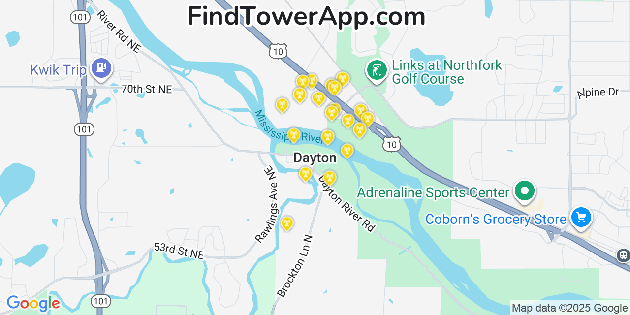 Map showing the 20 primary cell tower locations detected in Dayton, Minnesota from AT&T, Verizon, and T-Mobile networks