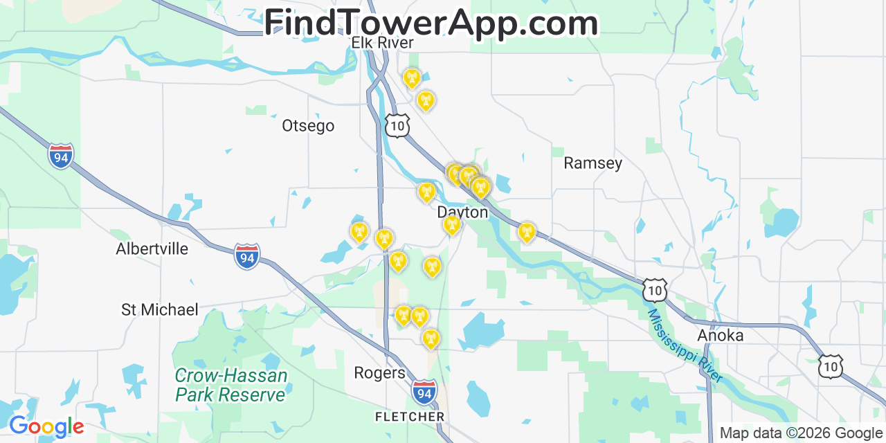 Map showing the 20 primary cell tower locations detected in Dayton, Minnesota from AT&T, Verizon, and T-Mobile networks