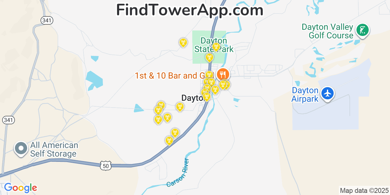 Map showing the 20 primary cell tower locations detected in Dayton, Nevada from AT&T, Verizon, and T-Mobile networks