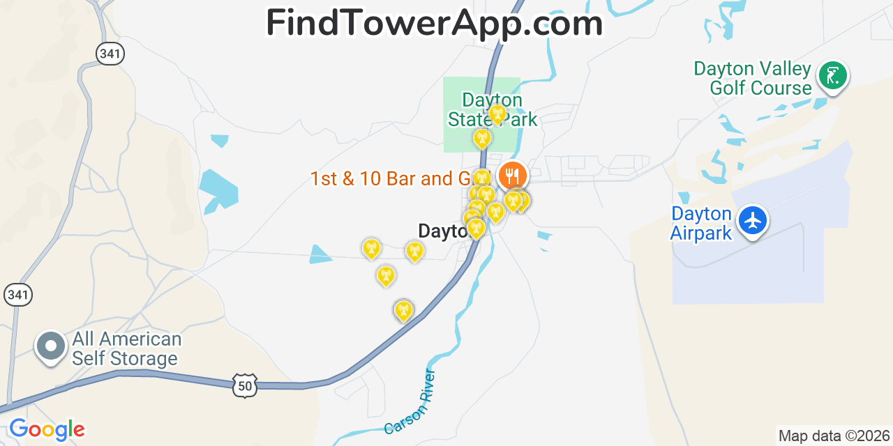 Map showing the 20 primary cell tower locations detected in Dayton, Nevada from AT&T, Verizon, and T-Mobile networks