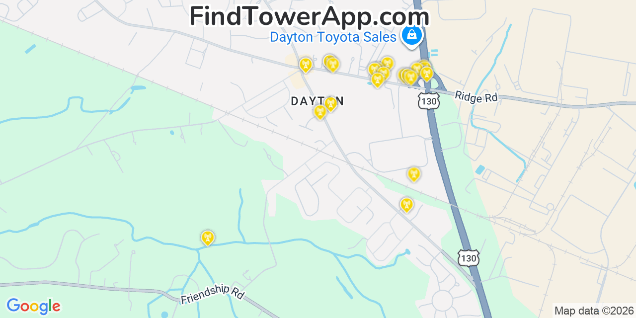 Map showing the 20 primary cell tower locations detected in Dayton, New Jersey from AT&T, Verizon, and T-Mobile networks