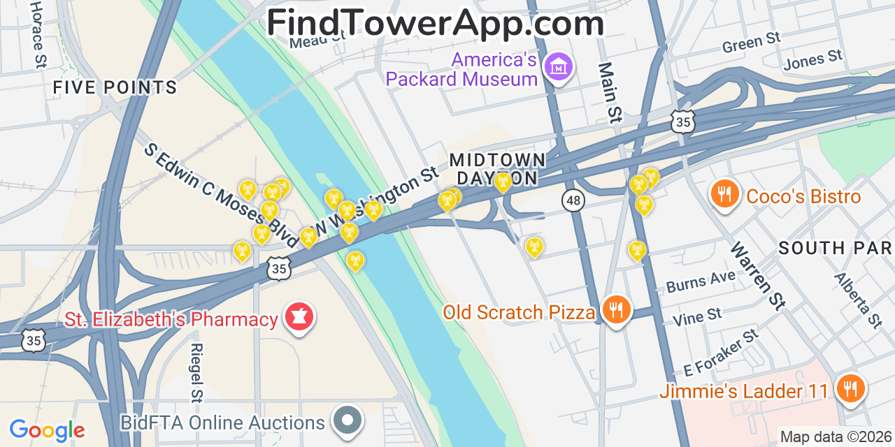 Map showing the 20 primary cell tower locations detected in Dayton, Ohio from AT&T, Verizon, and T-Mobile networks