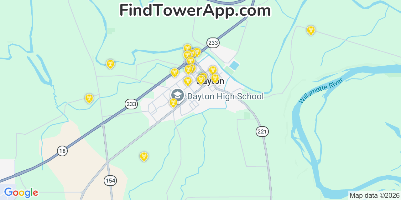 Map showing the 20 primary cell tower locations detected in Dayton, Oregon from AT&T, Verizon, and T-Mobile networks