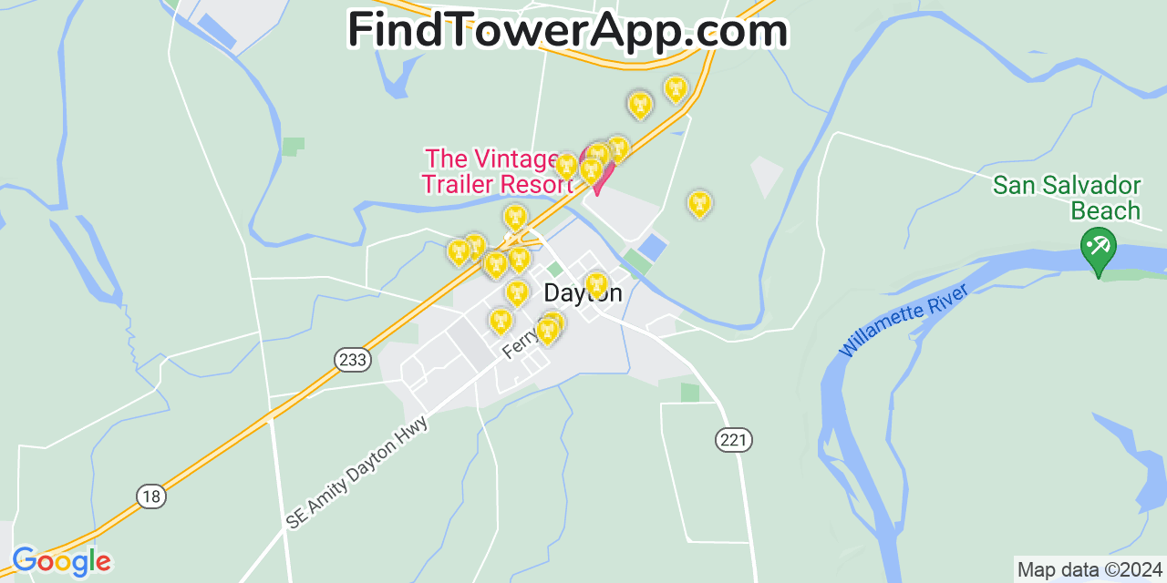 Verizon 4G/5G cell tower coverage map Dayton, Oregon