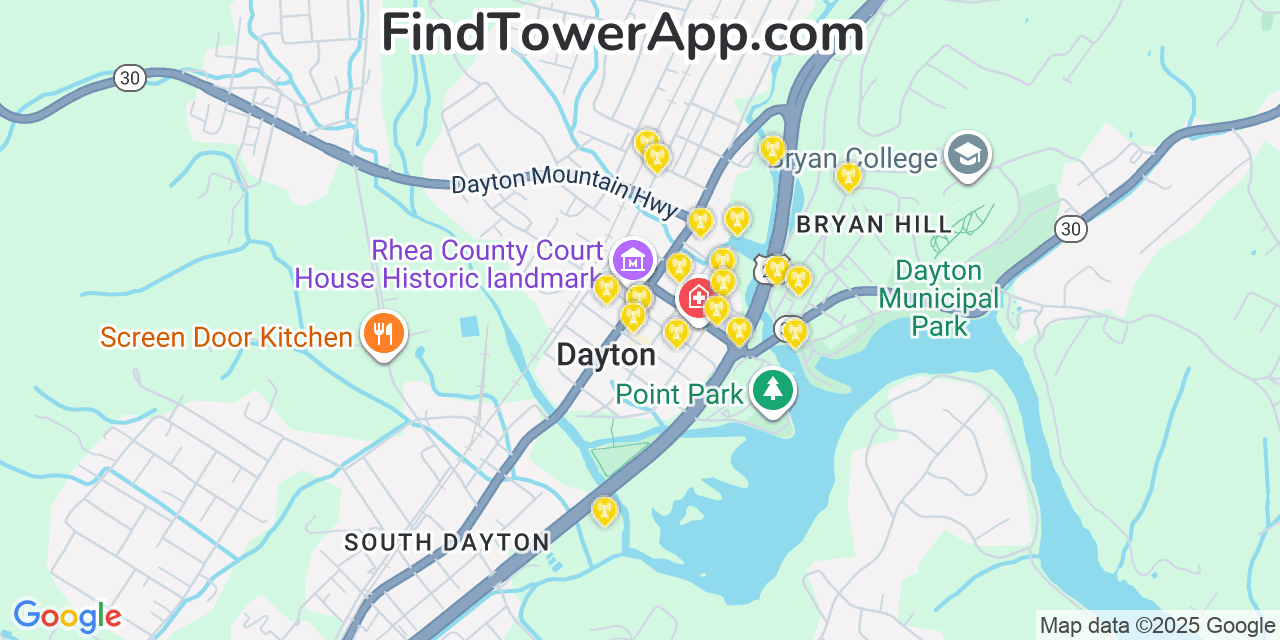 Map showing the 20 primary cell tower locations detected in Dayton, Tennessee from AT&T, Verizon, and T-Mobile networks