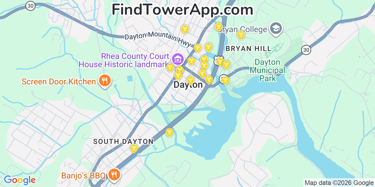 Map showing the 20 primary cell tower locations detected in Dayton, Tennessee from AT&T, Verizon, and T-Mobile networks
