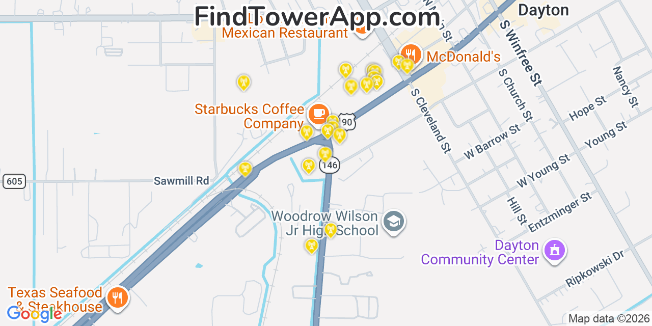 Map showing the 20 primary cell tower locations detected in Dayton, Texas from AT&T, Verizon, and T-Mobile networks