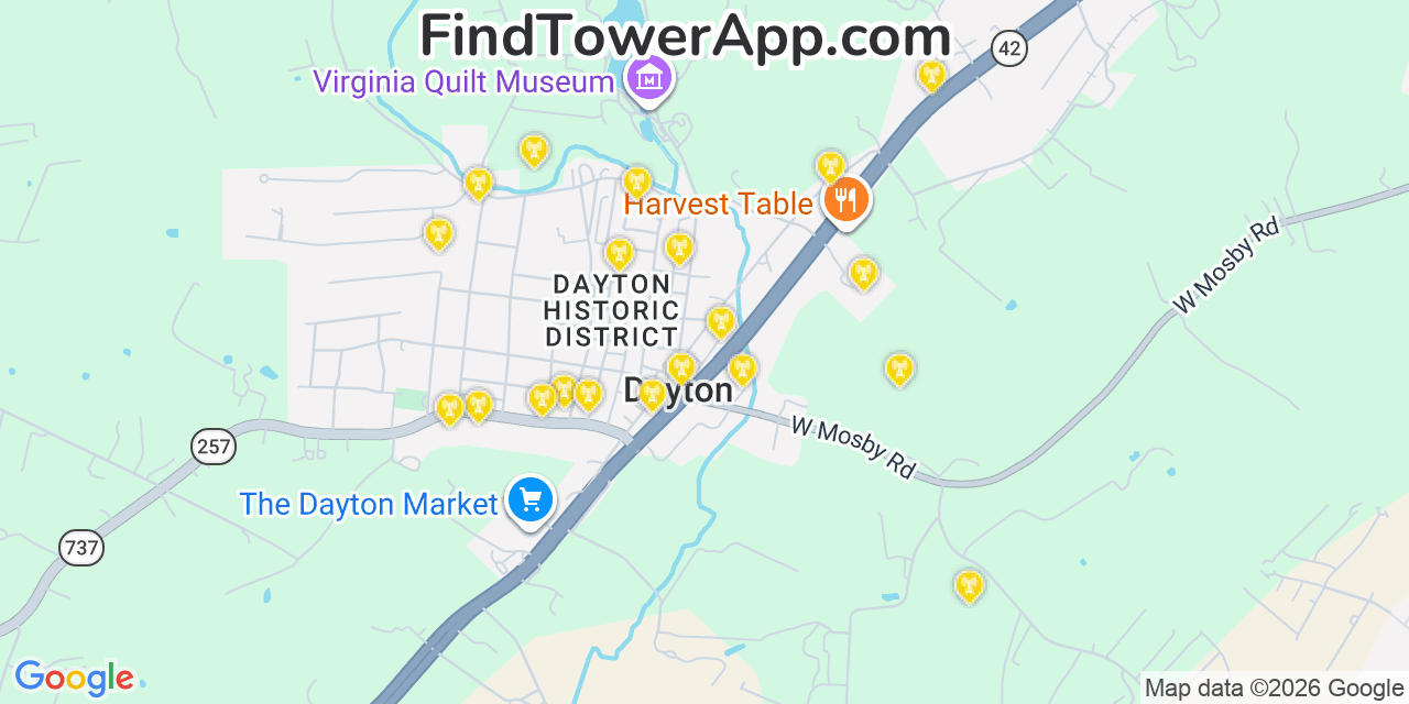 Map showing the 20 primary cell tower locations detected in Dayton, Virginia from AT&T, Verizon, and T-Mobile networks