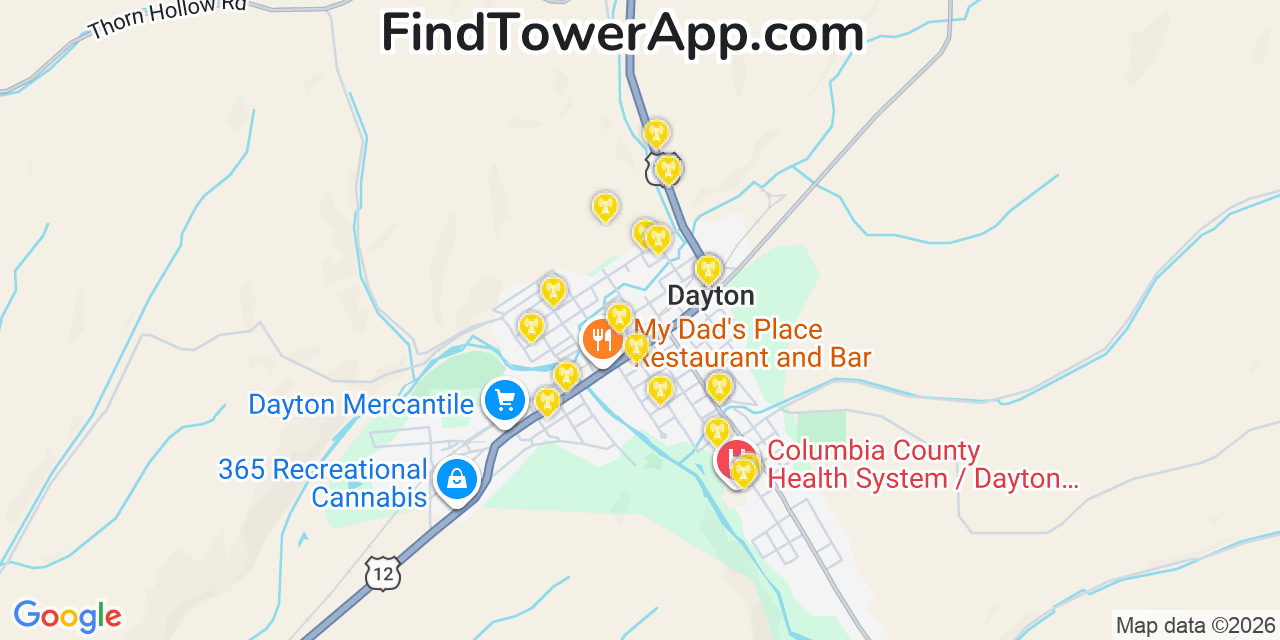 Map showing the 20 primary cell tower locations detected in Dayton, Washington from AT&T, Verizon, and T-Mobile networks