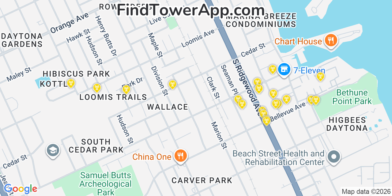 Map showing the 20 primary cell tower locations detected in Daytona Beach, Florida from AT&T, Verizon, and T-Mobile networks