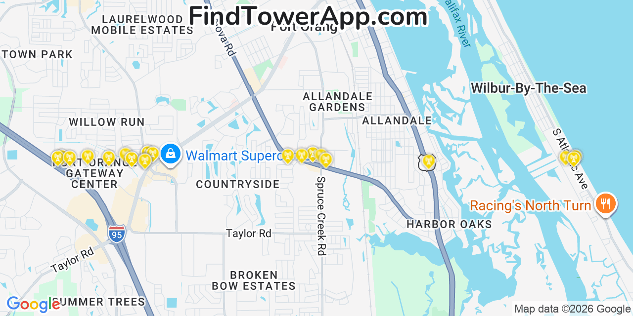 Map showing the 20 primary cell tower locations detected in Daytona Beach Shores, Florida from AT&T, Verizon, and T-Mobile networks