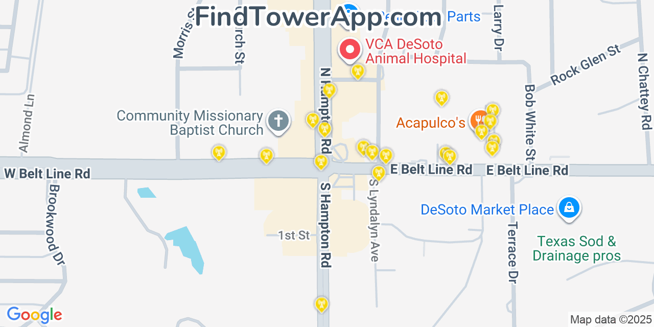 Map showing the 20 primary cell tower locations detected in DeSoto, Texas from AT&T, Verizon, and T-Mobile networks